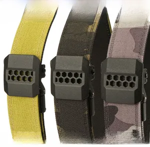Detail of zinc alloy automatic buckles with honeycomb design on nylon tactical belts