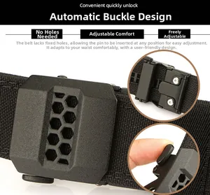Detail view of tactical nylon belt with automatic matte buckle and interior locking mechanism
