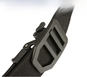 Detail macro shot of black nylon tactical belt with reinforced buckle and rugged texture
