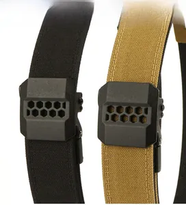 Detail of nylon tactical belts in black and coyote brown with heavy duty buckle