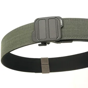 Heavy duty military green nylon tactical belt with a matte black automatic buckle for men