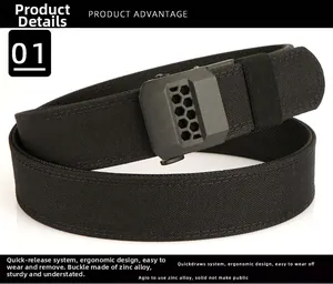 Detail of tactical nylon belt showing the zinc alloy buckle with honeycomb texture