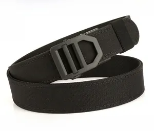 Close-up of black nylon tactical belt with zinc alloy quick release buckle detail