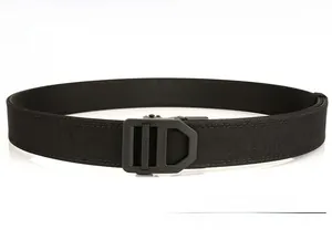 Detailed view of heavy-duty black nylon tactical belt with metal automatic buckle