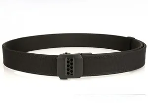 Close-up of tactical nylon belt with black metal quick release honeycomb buckle