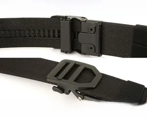 Detail of double-layer thick nylon tactical belt with automatic quick-lock buckle mechanism