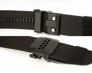 Detail of nylon tactical belt buckle featuring quick release and adjustable length mechanism