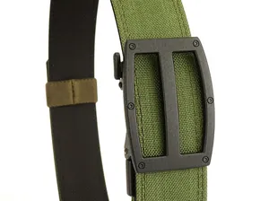 Detailed close-up of army green nylon tactical belt with matte black automatic buckle