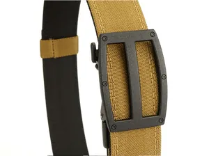 Detailed macro view of khaki nylon tactical belt with matte black automatic buckle
