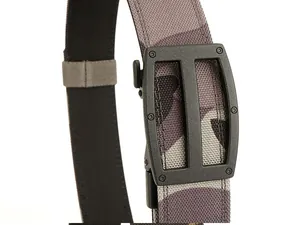 Detail of purple camouflage nylon tactical belt with black matte automatic buckle close-up