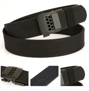 Detail of military tactical nylon belt with automatic matte buckle and reinforced stitching