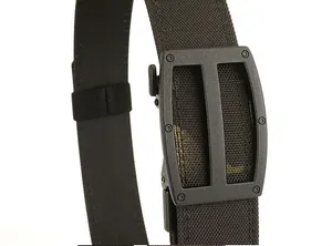 Close-up of matte black zinc alloy buckle and durable double-layered tactical nylon belt