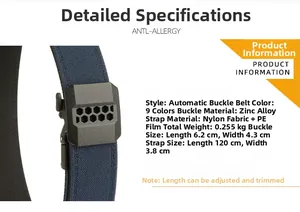 Detailed spec sheet showing tactical nylon belt buckle size and strap length dimensions