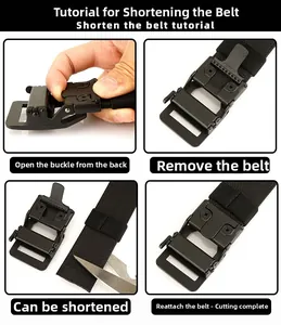 Step-by-step guide showing how to adjust and trim the black nylon tactical belt length