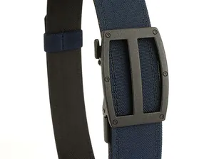 Detail of navy nylon tactical belt featuring a matte black double-open automatic buckle