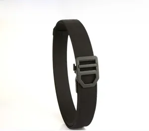 Close-up of black tactical nylon belt with durable automatic buckle for outdoor use