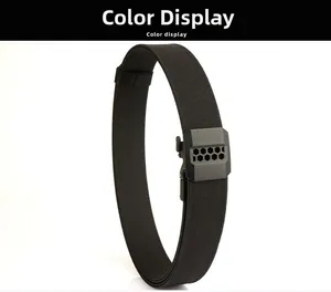 Detail of black heavy-duty tactical nylon belt with textured matte buckle