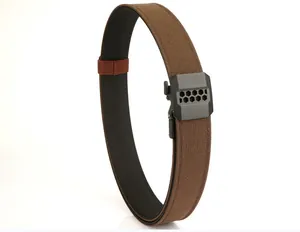 Close-up of brown heavy-duty nylon tactical belt with matte black honeycomb buckle