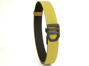 Macro detail of mustard yellow tactical nylon belt with black double-layer weave