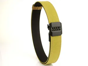 Detail of military tactical nylon belt with black honeycomb buckle and dual-layer webbing