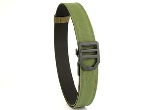 Detail of tactical double-layer nylon belt with green fabric and black quick release buckle