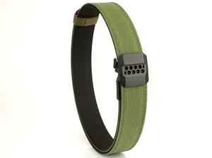 Detail view of double-layered olive green nylon tactical belt with black automatic buckle