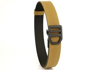 Macro view of khaki tactical nylon belt with durable black matte metal buckle detail