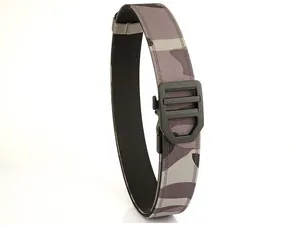 Detail of thickened tactical nylon belt with grey camouflage and matte buckle