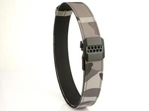 Detail of double-layer tactical nylon belt featuring city camo and honeycomb buckle