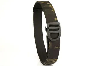 Detail of tiger stripe camo nylon tactical belt with reinforced quick release buckle