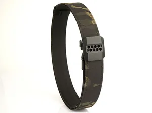 Detail of double-layer tactical nylon belt with camouflage pattern and honeycomb buckle