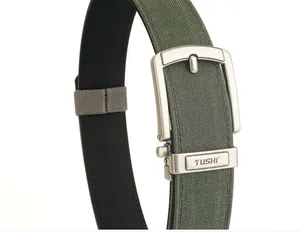 Close-up of military green tactical belt featuring brushed silver buckle and woven texture