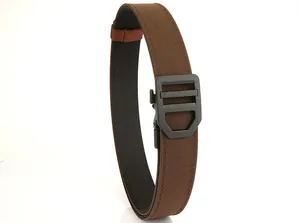 Detail of reinforced nylon tactical belt with a matte black automatic buckle close-up