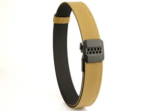 Detail of double-layer nylon tactical belt with honeycomb buckle and reinforced stitching