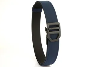Detail of reinforced stitching and matte black buckle on double-layer nylon tactical belt