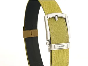 Close-up of olive green double-layer nylon tactical belt with TUSHI metal buckle details