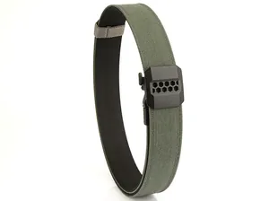 Close-up of olive green tactical nylon belt featuring a black honeycomb buckle design