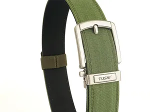 Close-up of matte silver buckle with engraved logo on heavy-duty olive tactical belt