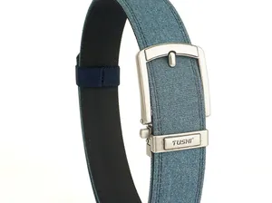 Detail of the tactical belt showing blue-grey woven texture and brushed silver buckle