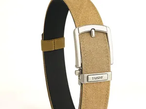 Close-up of khaki nylon tactical belt with matte silver automatic buckle and thick weave