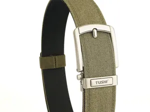 Close-up of military green tactical nylon belt with matte silver automatic metal buckle