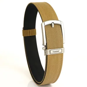 Double-layered khaki tactical nylon belt with silver metal buckle and TUSHI engraving