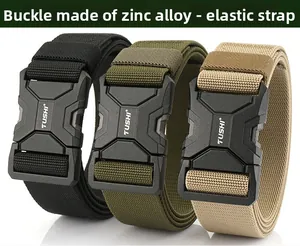 Zinc alloy buckle and elastic strap detail of tactical nylon belts in three colors