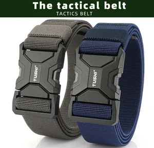 Detail view of woven nylon tactical belts with quick-release alloy buckles in two colors