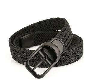 Close-up of black braided elastic belt with matte alloy buckle and faux leather trims