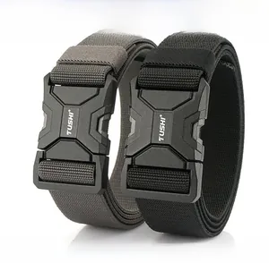 Detail of black and grey tactical nylon belts with quick-release matte alloy buckles