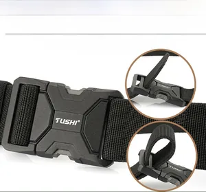 Detail of tactical nylon belt with quick-release alloy buckle and adjustable lock mechanism