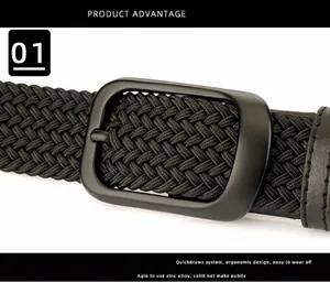 Close-up of matte black zinc alloy buckle and durable woven canvas men's belt