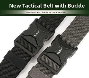 Close-up of quick-release alloy buckle and textured nylon webbing on tactical belts