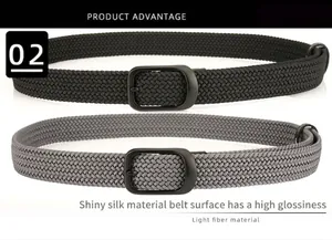 Detail of woven elastic belts in black and gray showing glossy silk texture and matte buckle